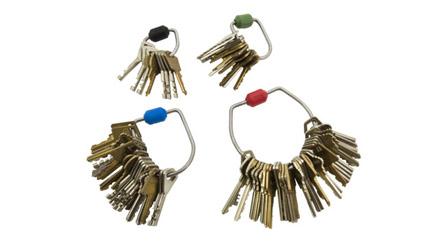 Several keyrings showing how master key systems reduce the number of keys needed.